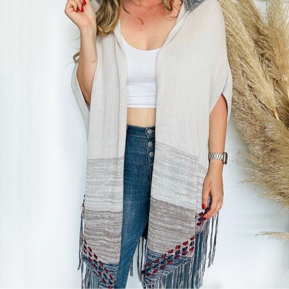 LOVESTITCH Light Grey Cream Red Blue Stripe Hood Poncho...